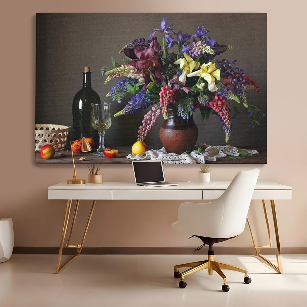 Tablou Canvas Premium, LuxCanva® N1101, Rapsodie Rustica, Flori, Fructe, Vaza, Flori, Buchet, Sticla, Vin, Pahar, Bautura, Masa, Traditional, Pub, Bar, Lounge, Restaurant, Bucatarie