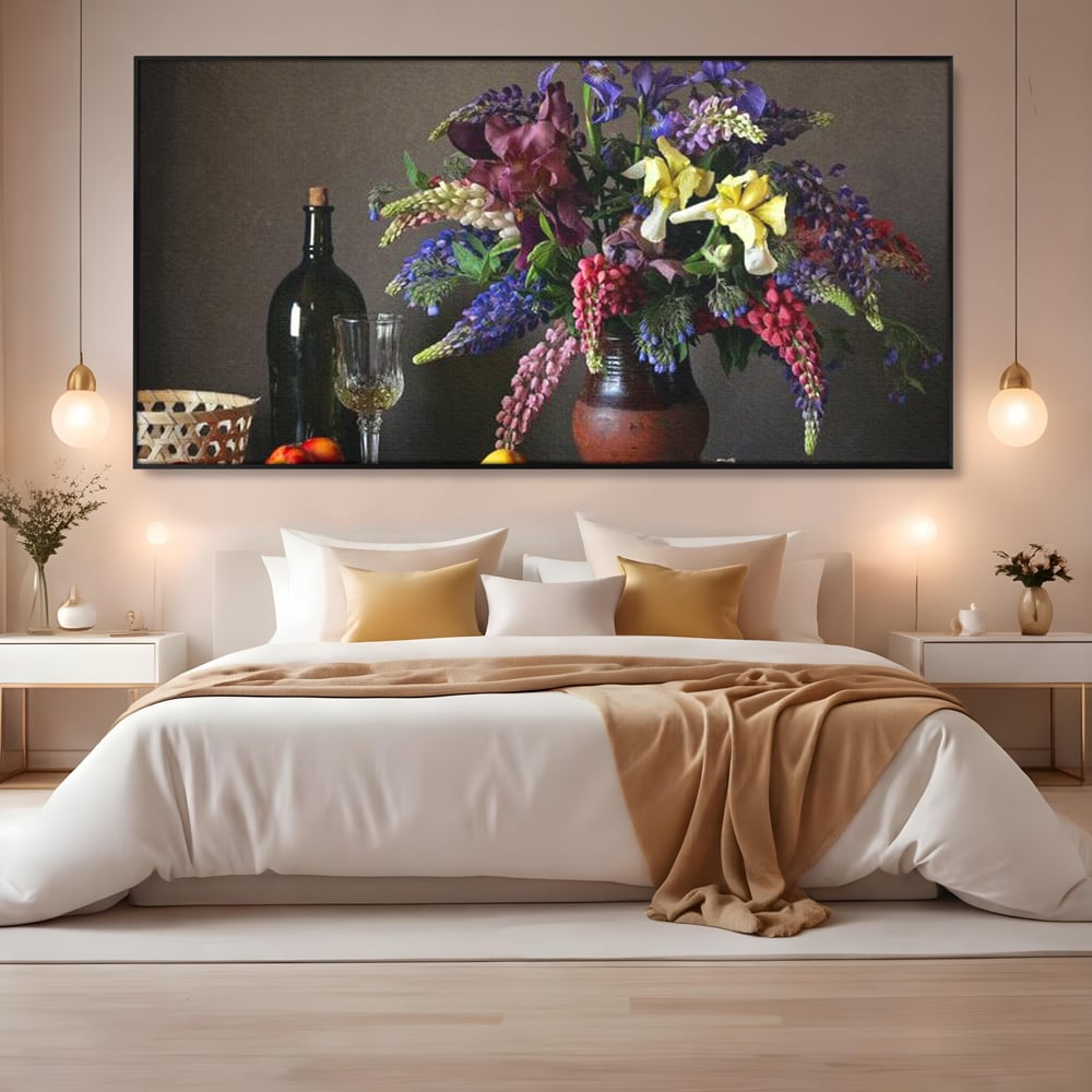 Tablou Canvas Premium, LuxCanva® N1101, Rapsodie Rustica, Flori, Fructe, Vaza, Flori, Buchet, Sticla, Vin, Pahar, Bautura, Masa, Traditional, Pub, Bar, Lounge, Restaurant, Bucatarie
