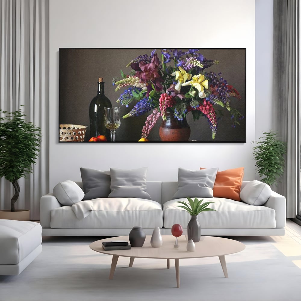 Tablou Canvas Premium, LuxCanva® N1101, Rapsodie Rustica, Flori, Fructe, Vaza, Flori, Buchet, Sticla, Vin, Pahar, Bautura, Masa, Traditional, Pub, Bar, Lounge, Restaurant, Bucatarie