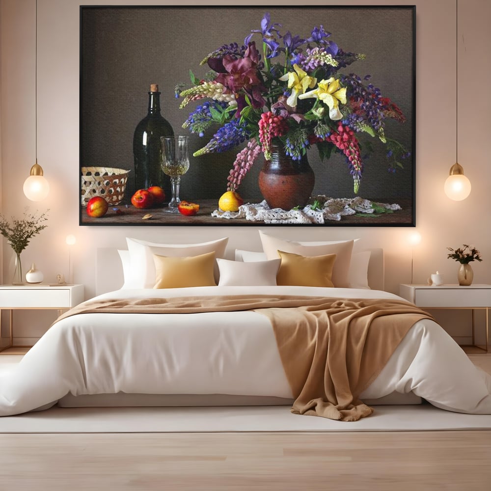 Tablou Canvas Premium, LuxCanva® N1101, Rapsodie Rustica, Flori, Fructe, Vaza, Flori, Buchet, Sticla, Vin, Pahar, Bautura, Masa, Traditional, Pub, Bar, Lounge, Restaurant, Bucatarie