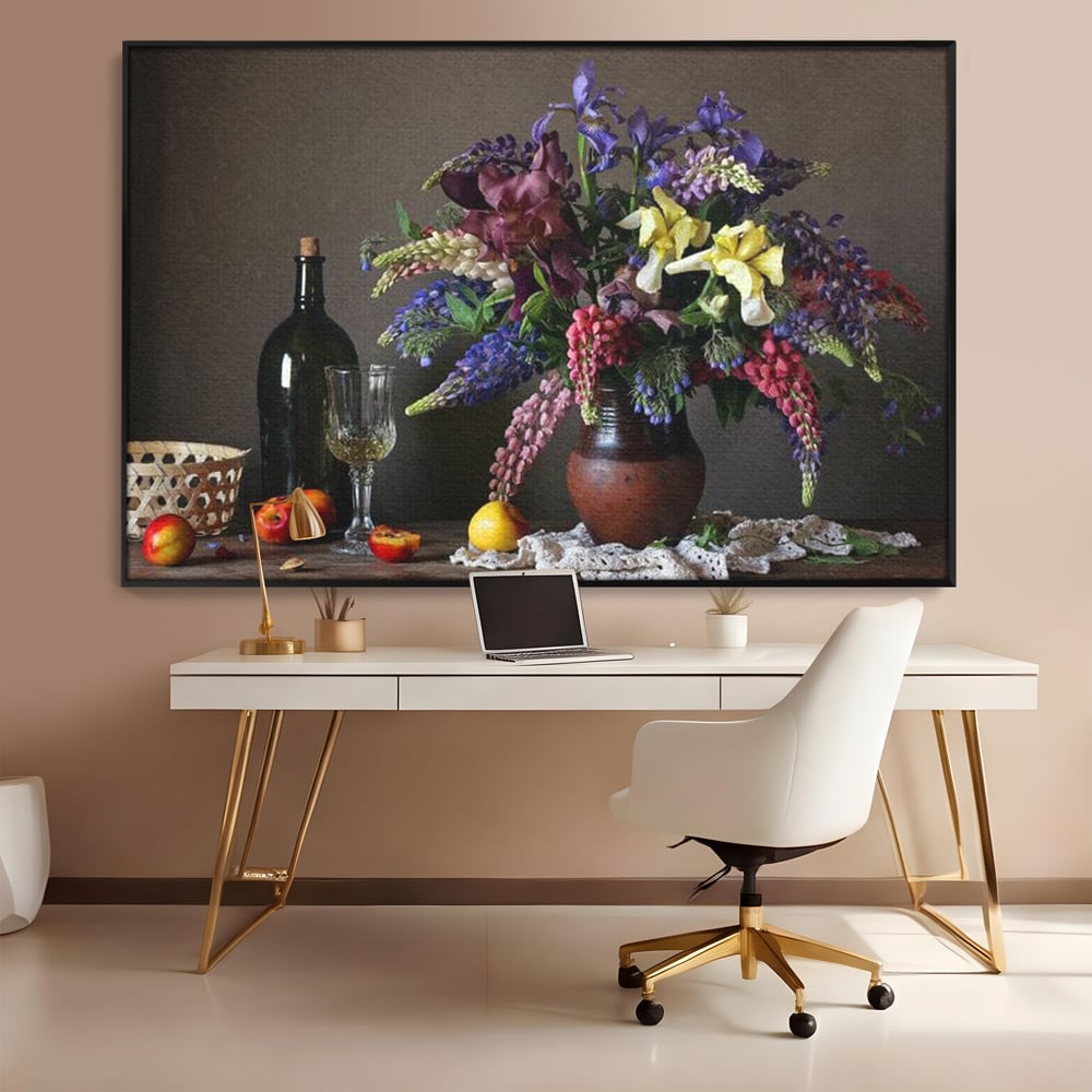 Tablou Canvas Premium, LuxCanva® N1101, Rapsodie Rustica, Flori, Fructe, Vaza, Flori, Buchet, Sticla, Vin, Pahar, Bautura, Masa, Traditional, Pub, Bar, Lounge, Restaurant, Bucatarie