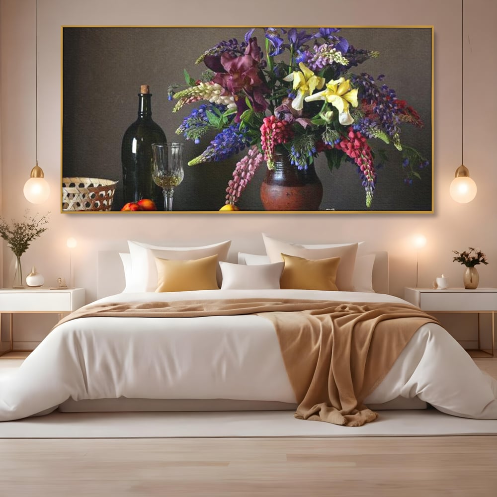 Tablou Canvas Premium, LuxCanva® N1101, Rapsodie Rustica, Flori, Fructe, Vaza, Flori, Buchet, Sticla, Vin, Pahar, Bautura, Masa, Traditional, Pub, Bar, Lounge, Restaurant, Bucatarie