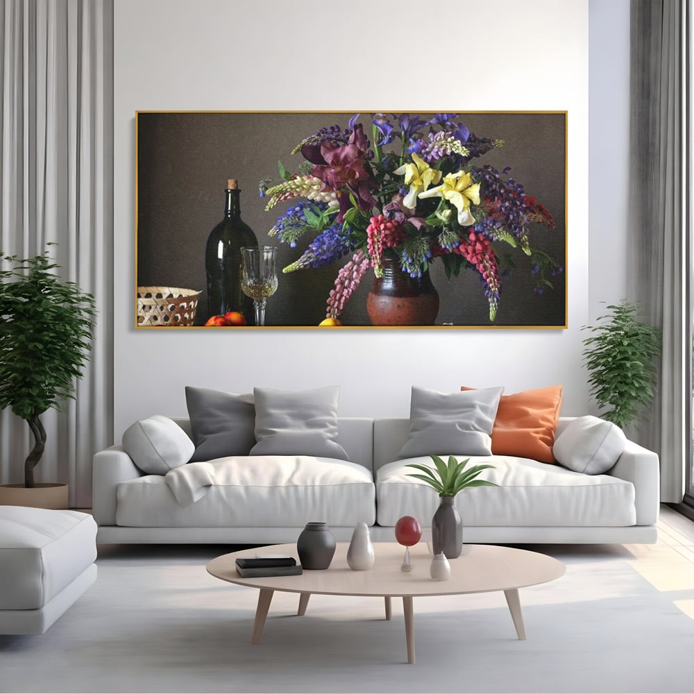 Tablou Canvas Premium, LuxCanva® N1101, Rapsodie Rustica, Flori, Fructe, Vaza, Flori, Buchet, Sticla, Vin, Pahar, Bautura, Masa, Traditional, Pub, Bar, Lounge, Restaurant, Bucatarie