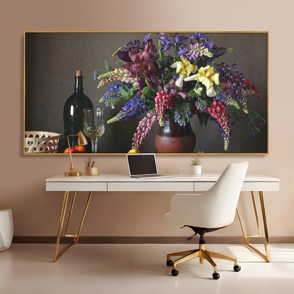 Tablou Canvas Premium, LuxCanva® N1101, Rapsodie Rustica, Flori, Fructe, Vaza, Flori, Buchet, Sticla, Vin, Pahar, Bautura, Masa, Traditional, Pub, Bar, Lounge, Restaurant, Bucatarie