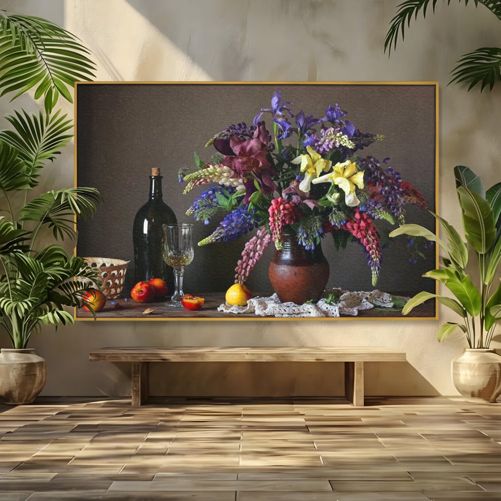 Tablou Canvas Premium, LuxCanva® N1101, Rapsodie Rustica, Flori, Fructe, Vaza, Flori, Buchet, Sticla, Vin, Pahar, Bautura, Masa, Traditional, Pub, Bar, Lounge, Restaurant, Bucatarie