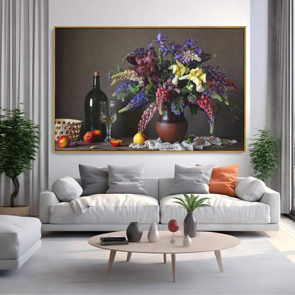 Tablou Canvas Premium, LuxCanva® N1101, Rapsodie Rustica, Flori, Fructe, Vaza, Flori, Buchet, Sticla, Vin, Pahar, Bautura, Masa, Traditional, Pub, Bar, Lounge, Restaurant, Bucatarie