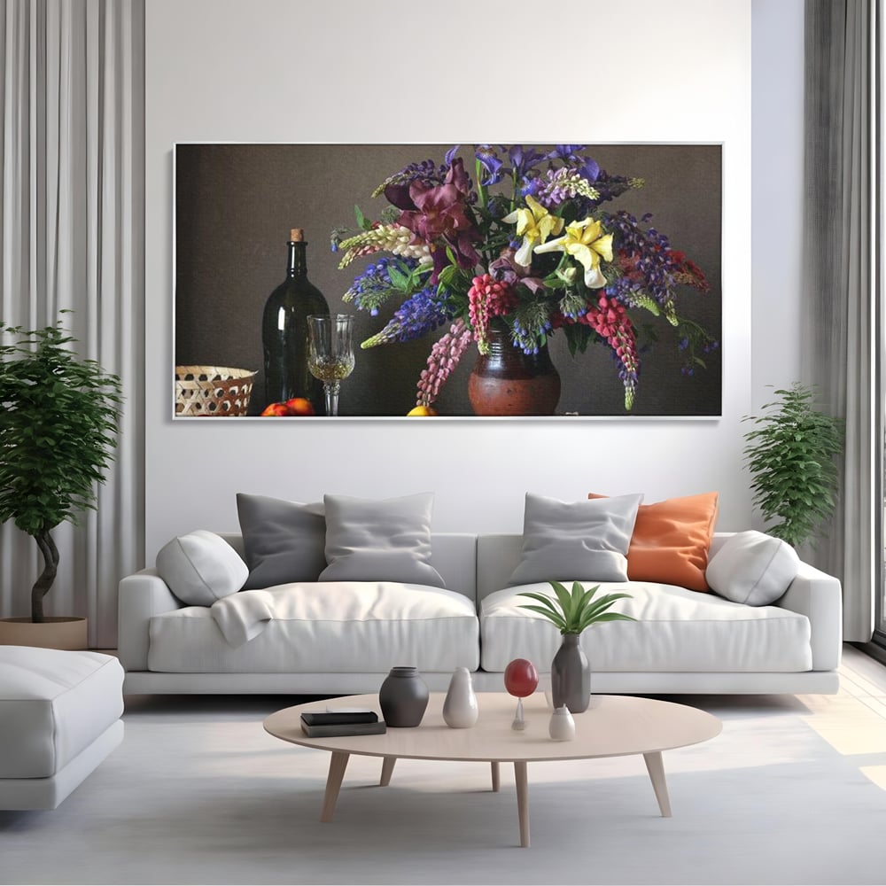 Tablou Canvas Premium, LuxCanva® N1101, Rapsodie Rustica, Flori, Fructe, Vaza, Flori, Buchet, Sticla, Vin, Pahar, Bautura, Masa, Traditional, Pub, Bar, Lounge, Restaurant, Bucatarie