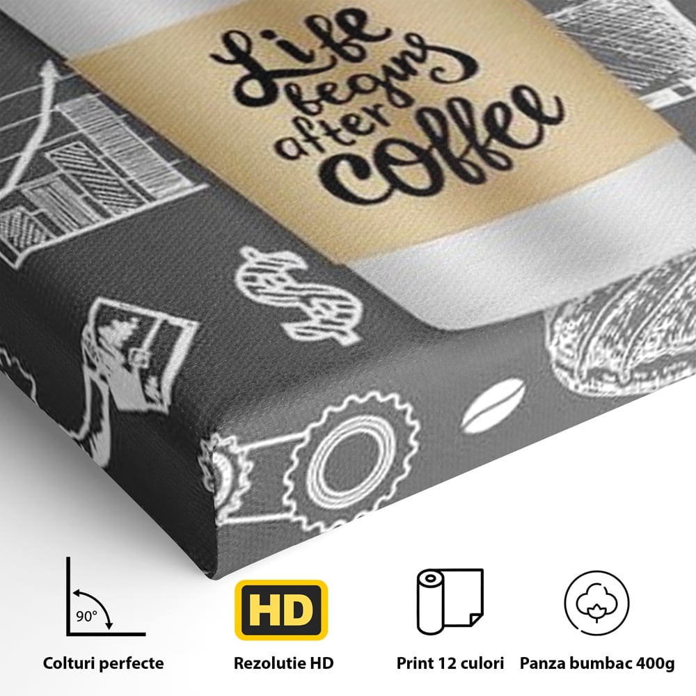 Tablou Canvas Premium, LuxCanva® N1102, Ziua Incepe cu o Cafea, Espresso, Cappuccino, Barista, Energie, Dimineata, Vibe, Modern, Urban, Cafenea, Pub, Bar, Lounge, Restaurant, Bucatarie