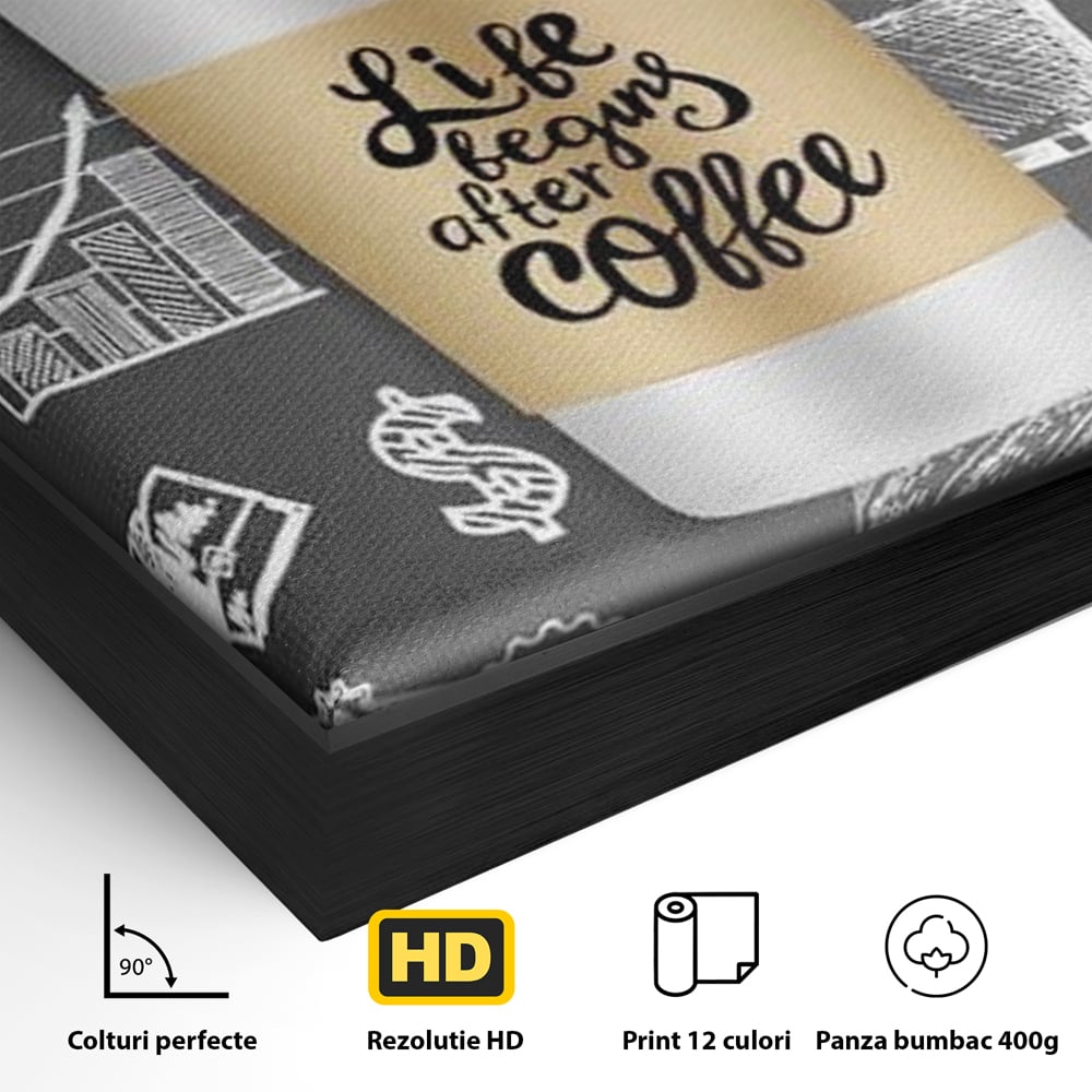 Tablou Canvas Premium, LuxCanva® N1102, Ziua Incepe cu o Cafea, Espresso, Cappuccino, Barista, Energie, Dimineata, Vibe, Modern, Urban, Cafenea, Pub, Bar, Lounge, Restaurant, Bucatarie