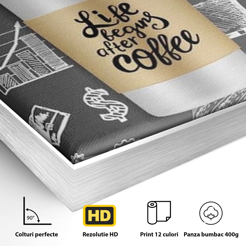 Tablou Canvas Premium, LuxCanva® N1102, Ziua Incepe cu o Cafea, Espresso, Cappuccino, Barista, Energie, Dimineata, Vibe, Modern, Urban, Cafenea, Pub, Bar, Lounge, Restaurant, Bucatarie