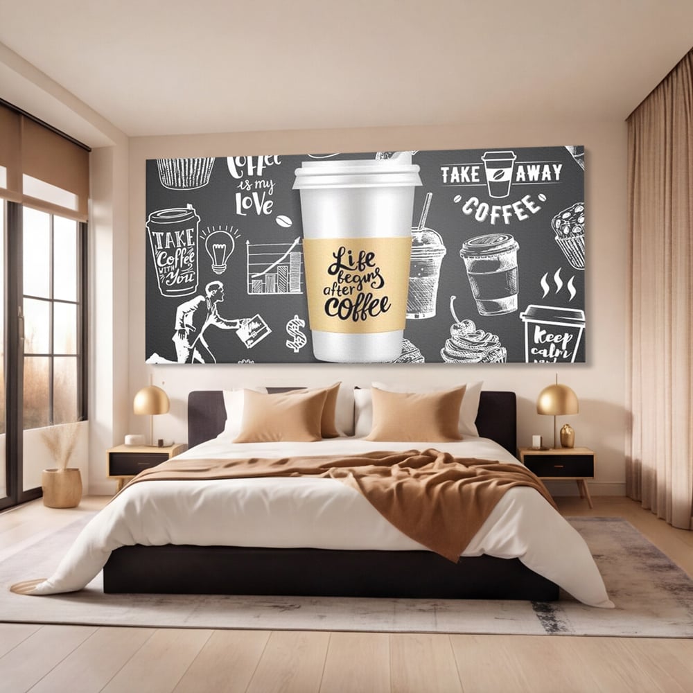Tablou Canvas Premium, LuxCanva® N1102, Ziua Incepe cu o Cafea, Espresso, Cappuccino, Barista, Energie, Dimineata, Vibe, Modern, Urban, Cafenea, Pub, Bar, Lounge, Restaurant, Bucatarie