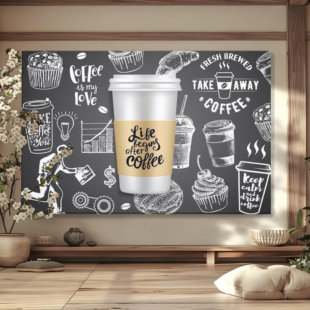 Tablou Canvas Premium, LuxCanva® N1102, Ziua Incepe cu o Cafea, Espresso, Cappuccino, Barista, Energie, Dimineata, Vibe, Modern, Urban, Cafenea, Pub, Bar, Lounge, Restaurant, Bucatarie