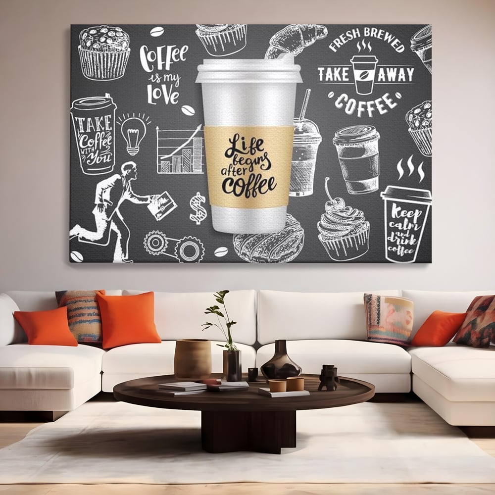 Tablou Canvas Premium, LuxCanva® N1102, Ziua Incepe cu o Cafea, Espresso, Cappuccino, Barista, Energie, Dimineata, Vibe, Modern, Urban, Cafenea, Pub, Bar, Lounge, Restaurant, Bucatarie