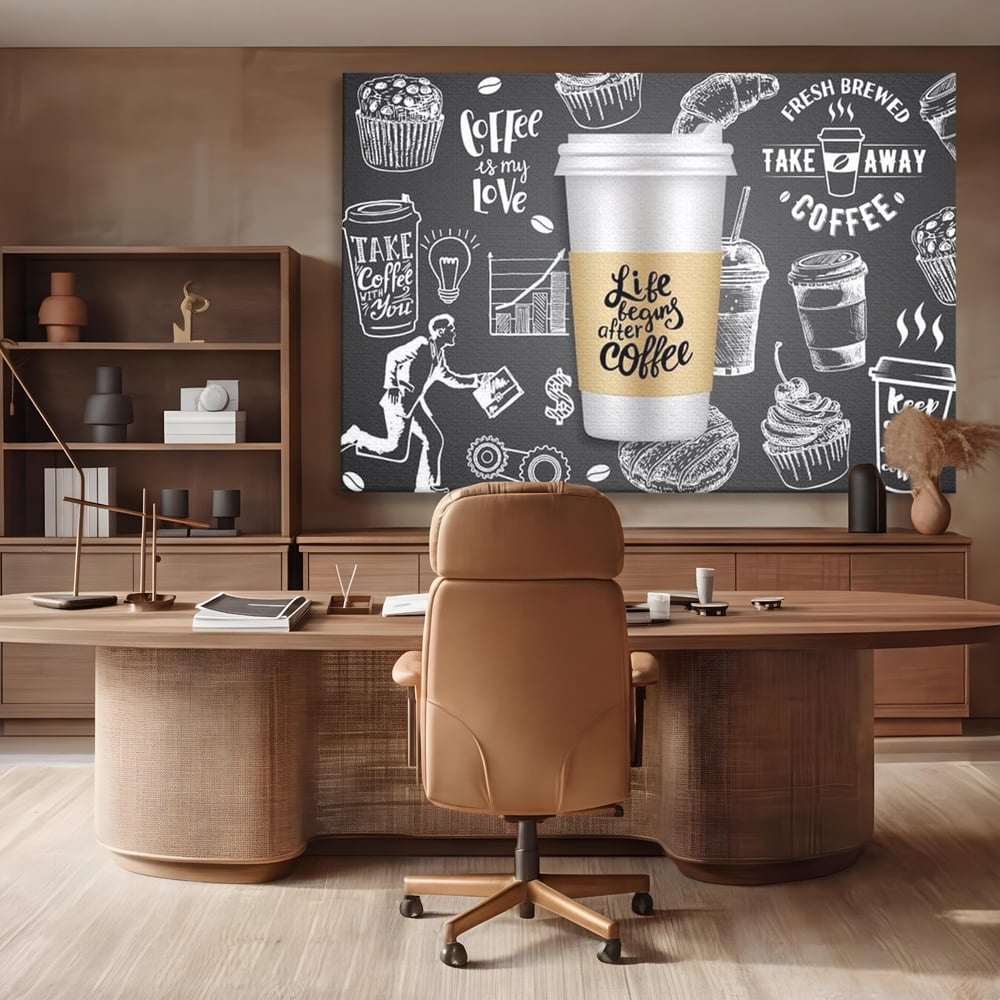 Tablou Canvas Premium, LuxCanva® N1102, Ziua Incepe cu o Cafea, Espresso, Cappuccino, Barista, Energie, Dimineata, Vibe, Modern, Urban, Cafenea, Pub, Bar, Lounge, Restaurant, Bucatarie