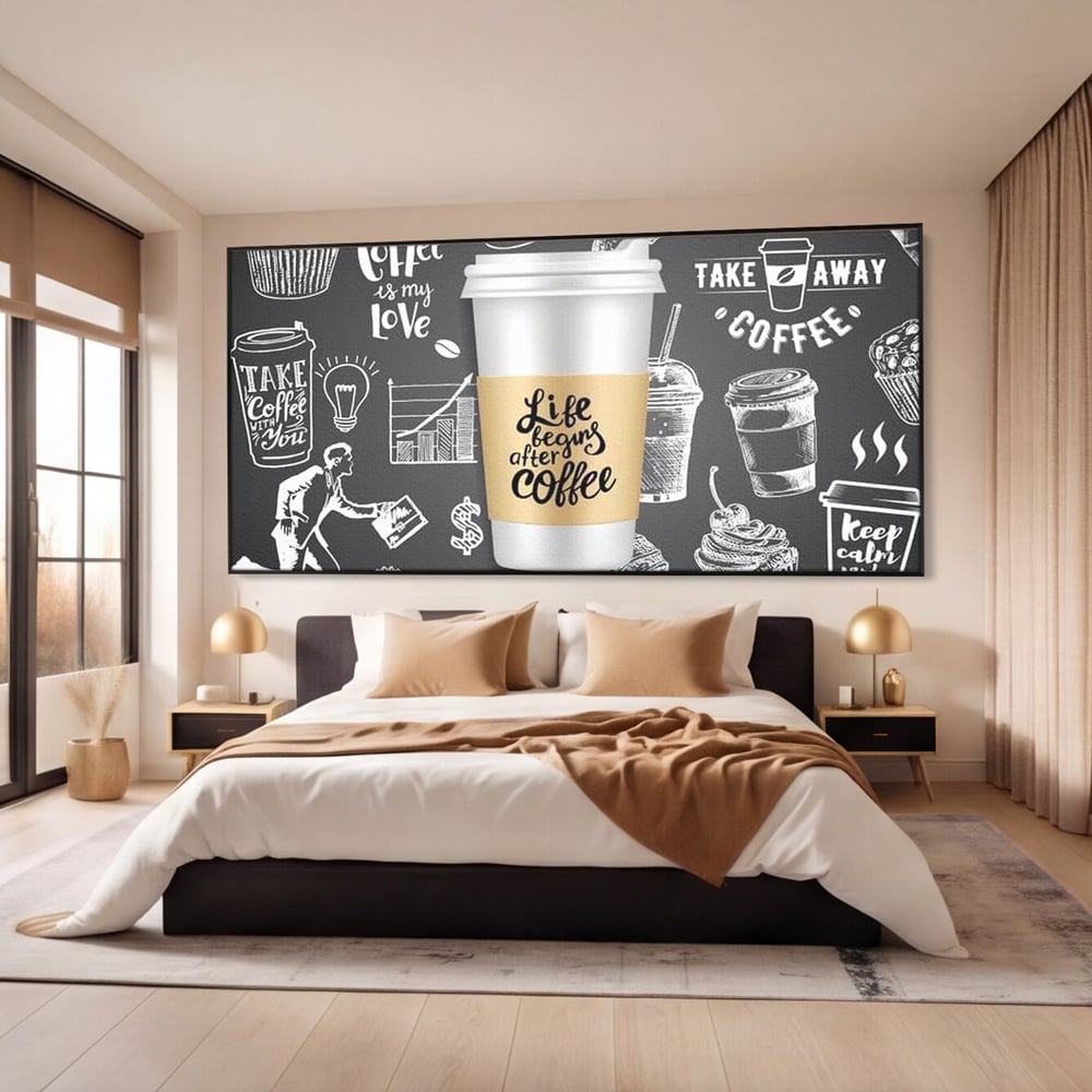 Tablou Canvas Premium, LuxCanva® N1102, Ziua Incepe cu o Cafea, Espresso, Cappuccino, Barista, Energie, Dimineata, Vibe, Modern, Urban, Cafenea, Pub, Bar, Lounge, Restaurant, Bucatarie
