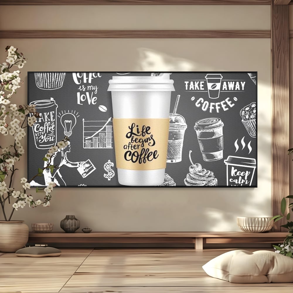 Tablou Canvas Premium, LuxCanva® N1102, Ziua Incepe cu o Cafea, Espresso, Cappuccino, Barista, Energie, Dimineata, Vibe, Modern, Urban, Cafenea, Pub, Bar, Lounge, Restaurant, Bucatarie