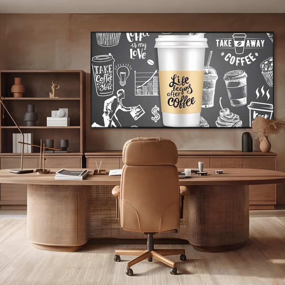 Tablou Canvas Premium, LuxCanva® N1102, Ziua Incepe cu o Cafea, Espresso, Cappuccino, Barista, Energie, Dimineata, Vibe, Modern, Urban, Cafenea, Pub, Bar, Lounge, Restaurant, Bucatarie