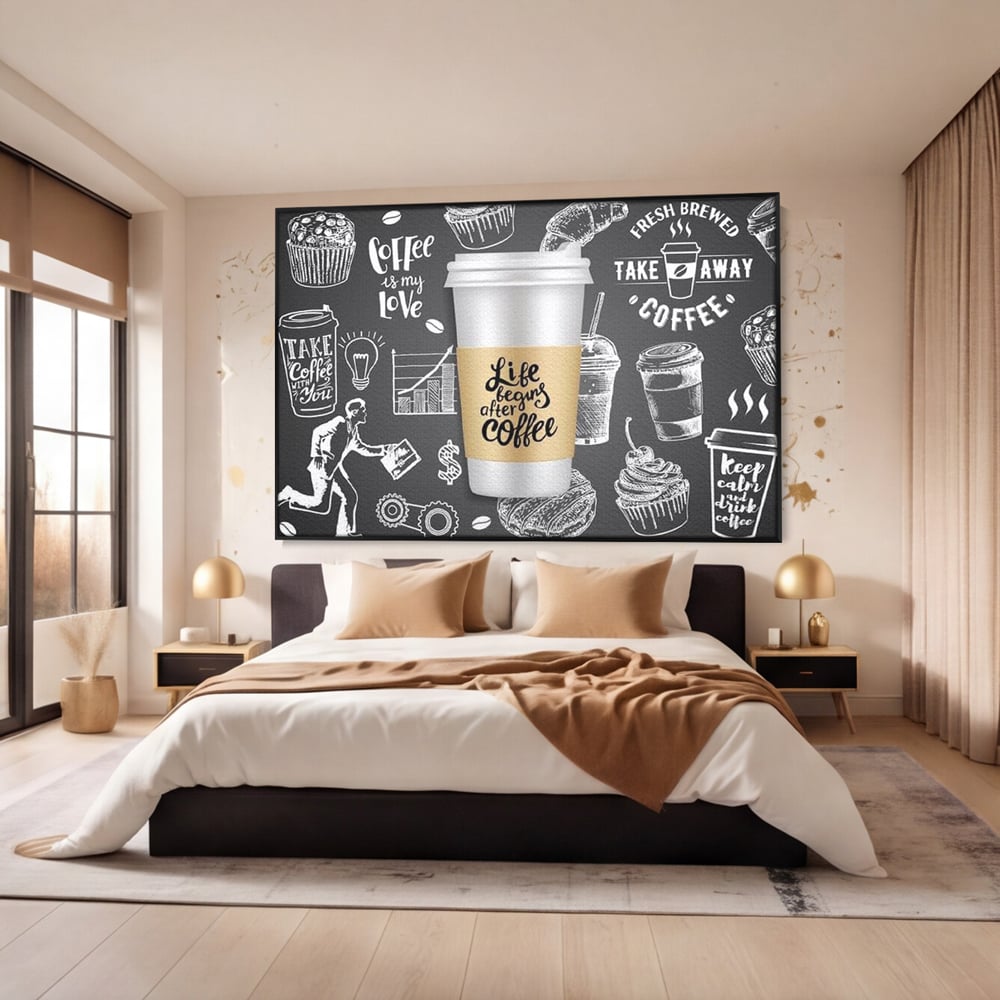 Tablou Canvas Premium, LuxCanva® N1102, Ziua Incepe cu o Cafea, Espresso, Cappuccino, Barista, Energie, Dimineata, Vibe, Modern, Urban, Cafenea, Pub, Bar, Lounge, Restaurant, Bucatarie
