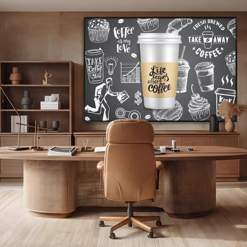 Tablou Canvas Premium, LuxCanva® N1102, Ziua Incepe cu o Cafea, Espresso, Cappuccino, Barista, Energie, Dimineata, Vibe, Modern, Urban, Cafenea, Pub, Bar, Lounge, Restaurant, Bucatarie