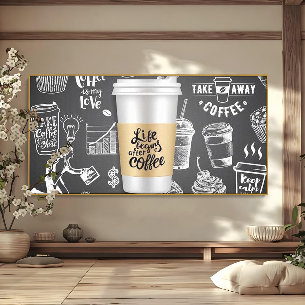 Tablou Canvas Premium, LuxCanva® N1102, Ziua Incepe cu o Cafea, Espresso, Cappuccino, Barista, Energie, Dimineata, Vibe, Modern, Urban, Cafenea, Pub, Bar, Lounge, Restaurant, Bucatarie
