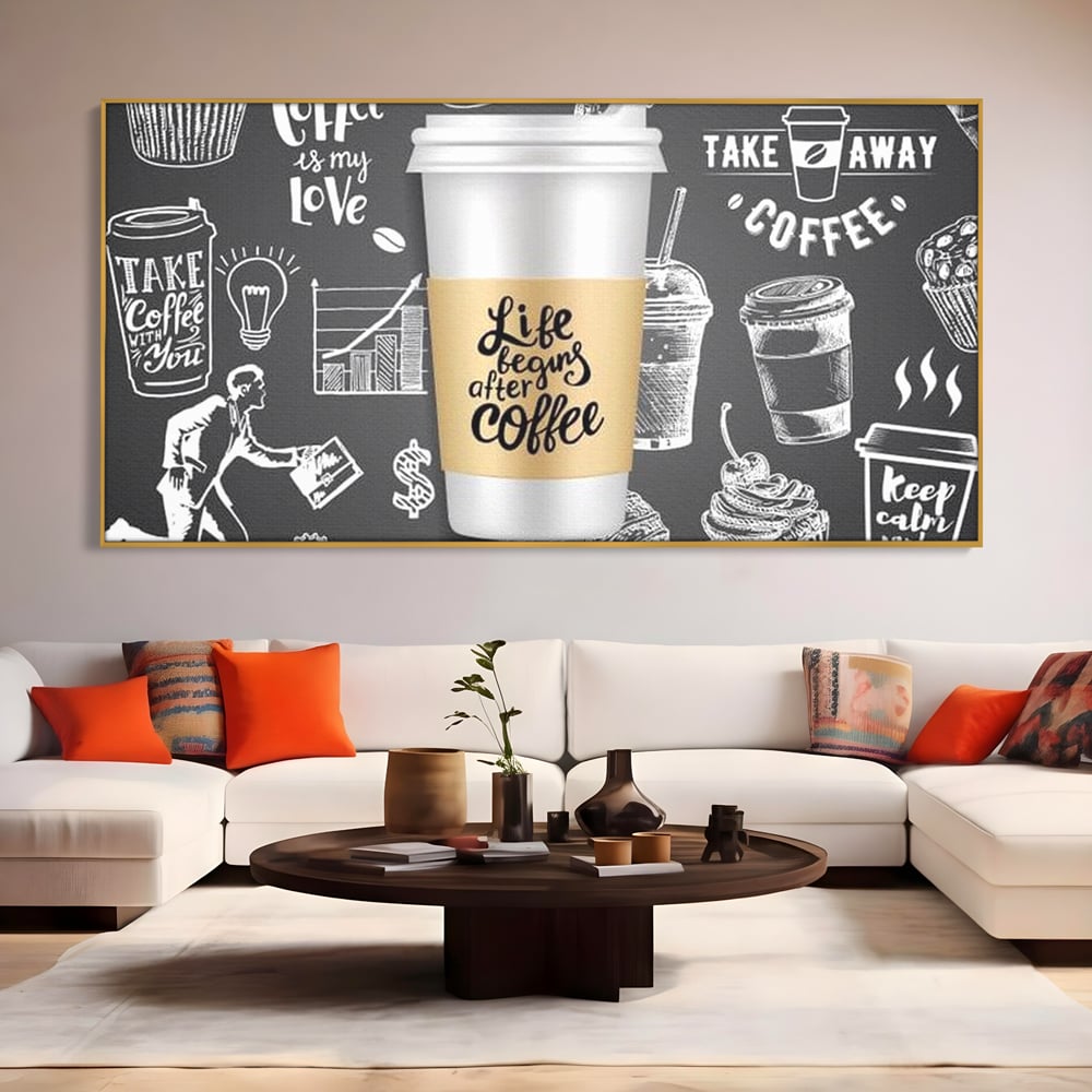 Tablou Canvas Premium, LuxCanva® N1102, Ziua Incepe cu o Cafea, Espresso, Cappuccino, Barista, Energie, Dimineata, Vibe, Modern, Urban, Cafenea, Pub, Bar, Lounge, Restaurant, Bucatarie