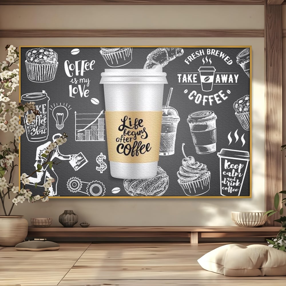 Tablou Canvas Premium, LuxCanva® N1102, Ziua Incepe cu o Cafea, Espresso, Cappuccino, Barista, Energie, Dimineata, Vibe, Modern, Urban, Cafenea, Pub, Bar, Lounge, Restaurant, Bucatarie