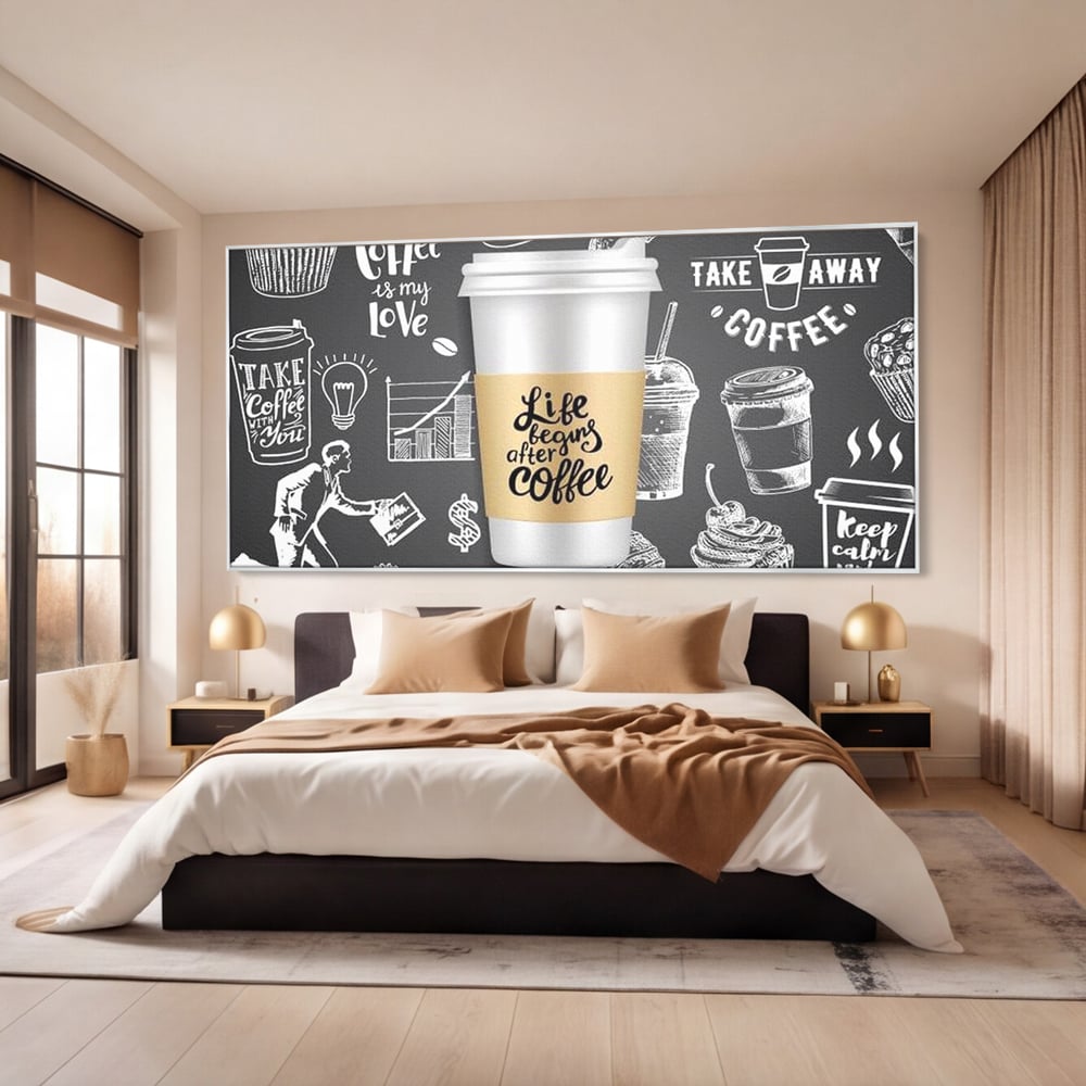 Tablou Canvas Premium, LuxCanva® N1102, Ziua Incepe cu o Cafea, Espresso, Cappuccino, Barista, Energie, Dimineata, Vibe, Modern, Urban, Cafenea, Pub, Bar, Lounge, Restaurant, Bucatarie