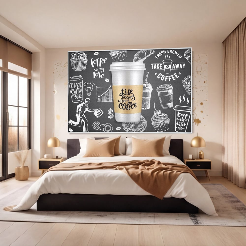 Tablou Canvas Premium, LuxCanva® N1102, Ziua Incepe cu o Cafea, Espresso, Cappuccino, Barista, Energie, Dimineata, Vibe, Modern, Urban, Cafenea, Pub, Bar, Lounge, Restaurant, Bucatarie