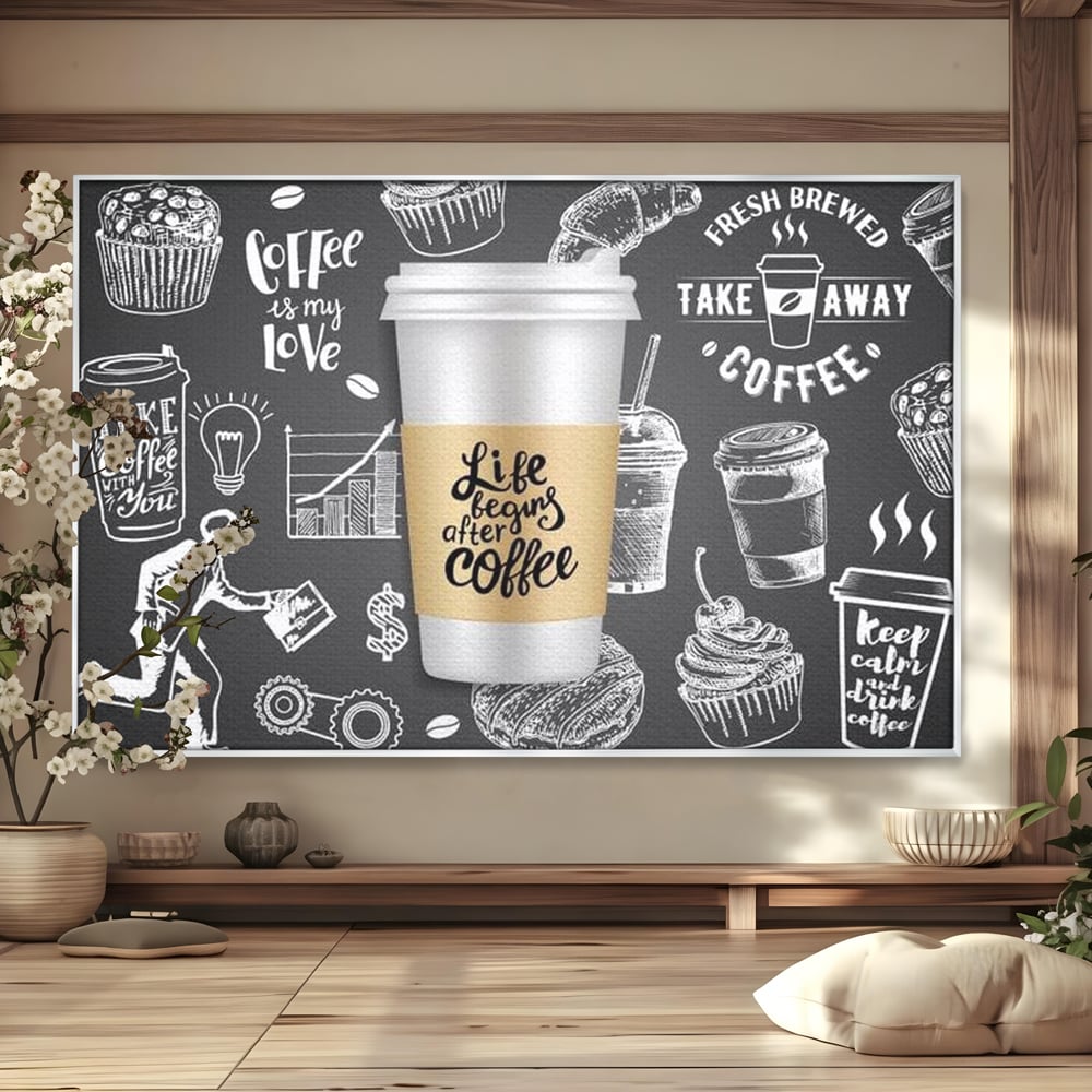 Tablou Canvas Premium, LuxCanva® N1102, Ziua Incepe cu o Cafea, Espresso, Cappuccino, Barista, Energie, Dimineata, Vibe, Modern, Urban, Cafenea, Pub, Bar, Lounge, Restaurant, Bucatarie