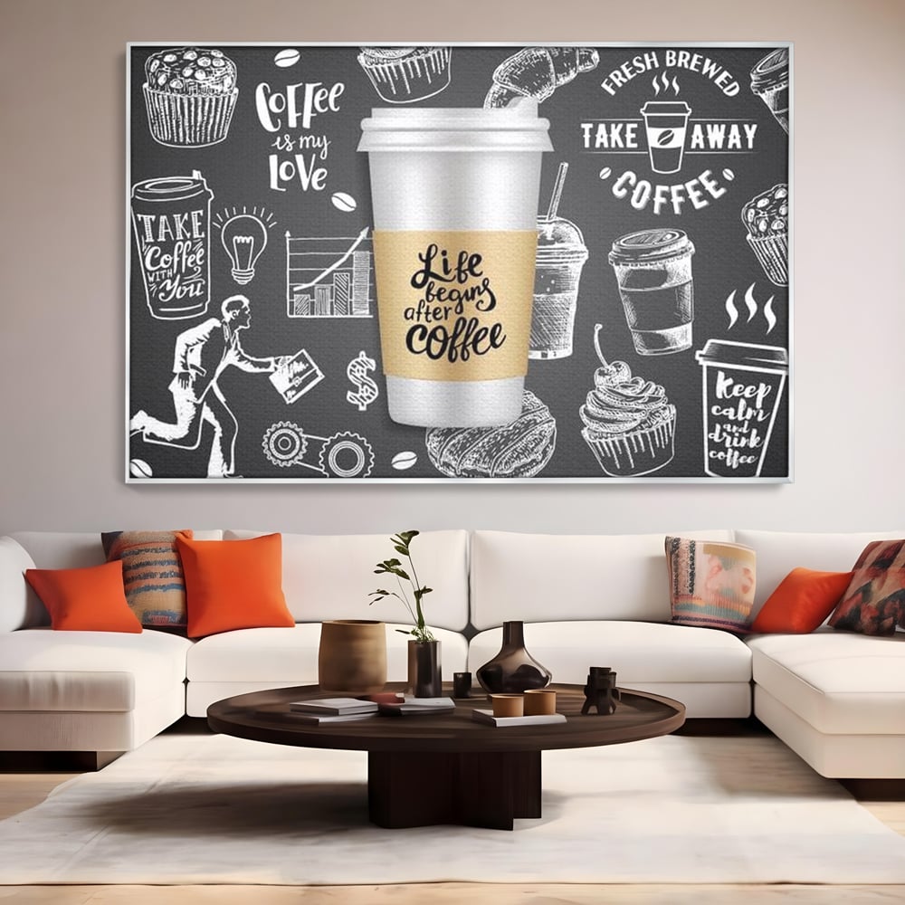 Tablou Canvas Premium, LuxCanva® N1102, Ziua Incepe cu o Cafea, Espresso, Cappuccino, Barista, Energie, Dimineata, Vibe, Modern, Urban, Cafenea, Pub, Bar, Lounge, Restaurant, Bucatarie