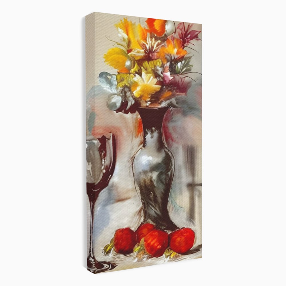 Tablou Canvas Premium, LuxCanva® N1103, In Cinstea Artei, Pahar, Vaza, Flori, Pictura, Abstract, Fructe, Bautura, Umbre, Petale, Pub, Lounge, Bar, Restaurant, Bucatarie