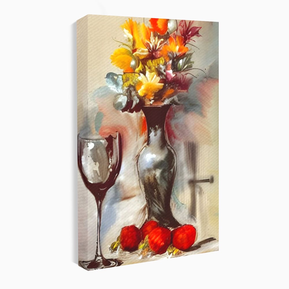 Tablou Canvas Premium, LuxCanva® N1103, In Cinstea Artei, Pahar, Vaza, Flori, Pictura, Abstract, Fructe, Bautura, Umbre, Petale, Pub, Lounge, Bar, Restaurant, Bucatarie