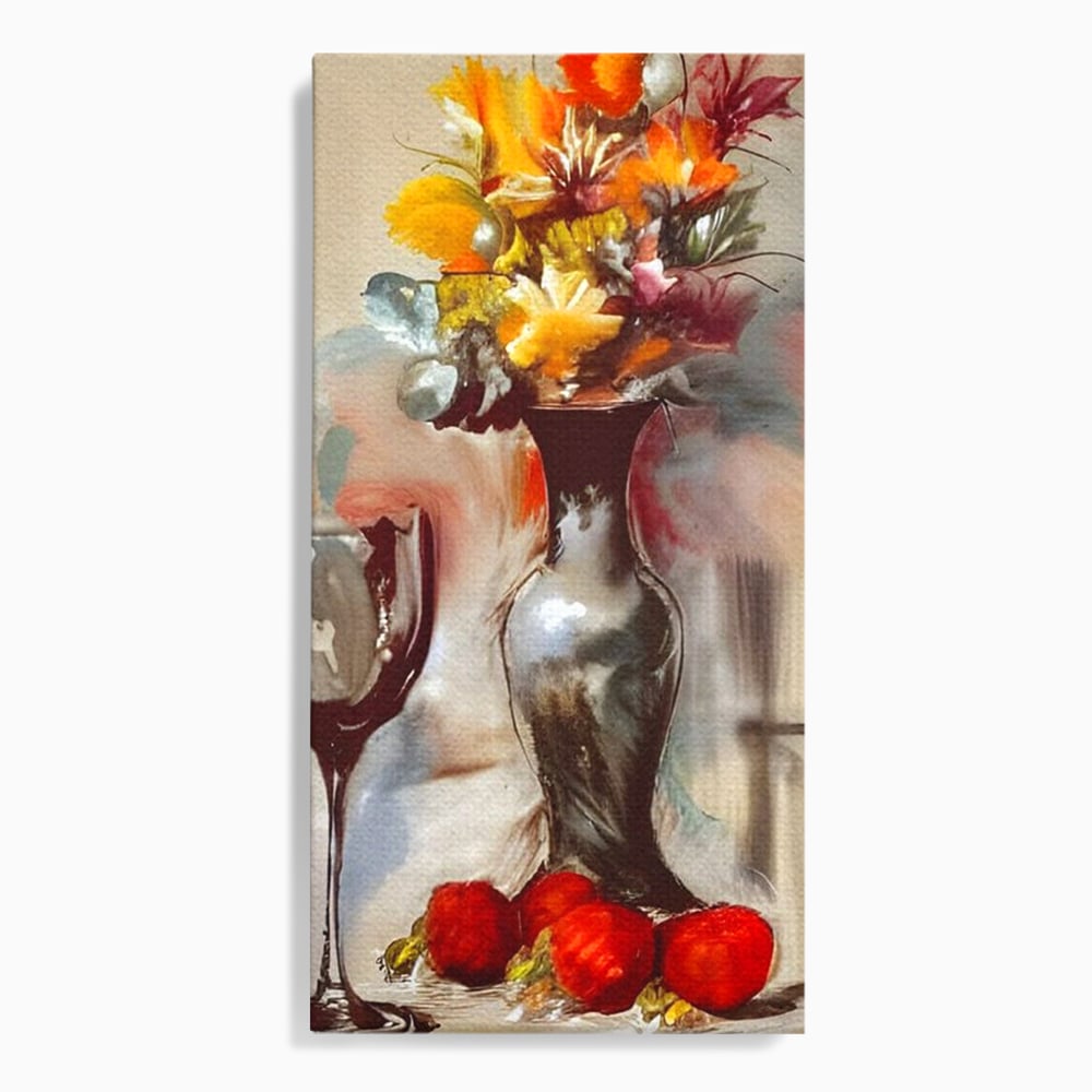 Tablou Canvas Premium, LuxCanva® N1103, In Cinstea Artei, Pahar, Vaza, Flori, Pictura, Abstract, Fructe, Bautura, Umbre, Petale, Pub, Lounge, Bar, Restaurant, Bucatarie