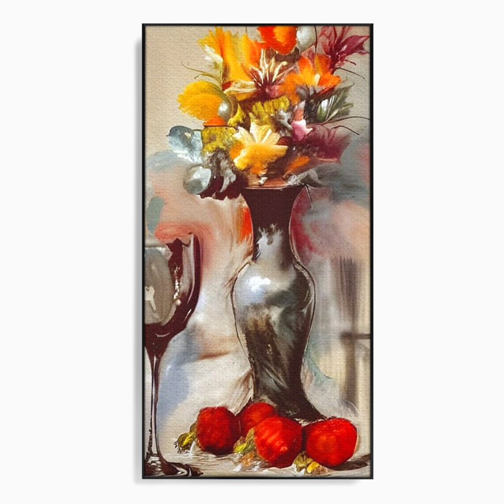 Tablou Canvas Premium, LuxCanva® N1103, In Cinstea Artei, Pahar, Vaza, Flori, Pictura, Abstract, Fructe, Bautura, Umbre, Petale, Pub, Lounge, Bar, Restaurant, Bucatarie