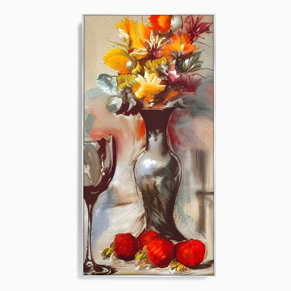 Tablou Canvas Premium, LuxCanva® N1103, In Cinstea Artei, Pahar, Vaza, Flori, Pictura, Abstract, Fructe, Bautura, Umbre, Petale, Pub, Lounge, Bar, Restaurant, Bucatarie