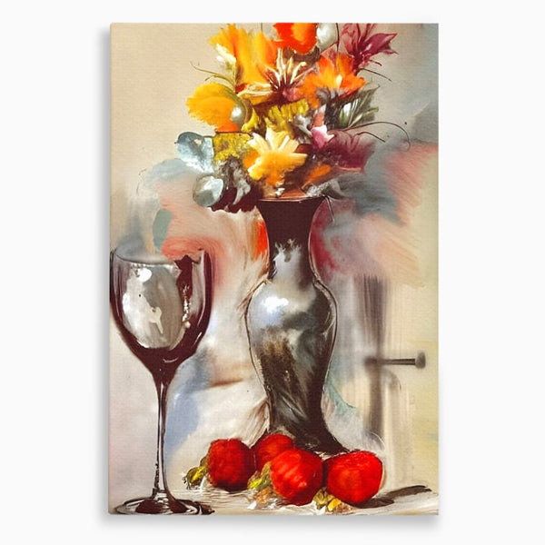 Tablou Canvas Premium, LuxCanva® N1103, In Cinstea Artei, Pahar, Vaza, Flori, Pictura, Abstract, Fructe, Bautura, Umbre, Petale, Pub, Lounge, Bar, Restaurant, Bucatarie