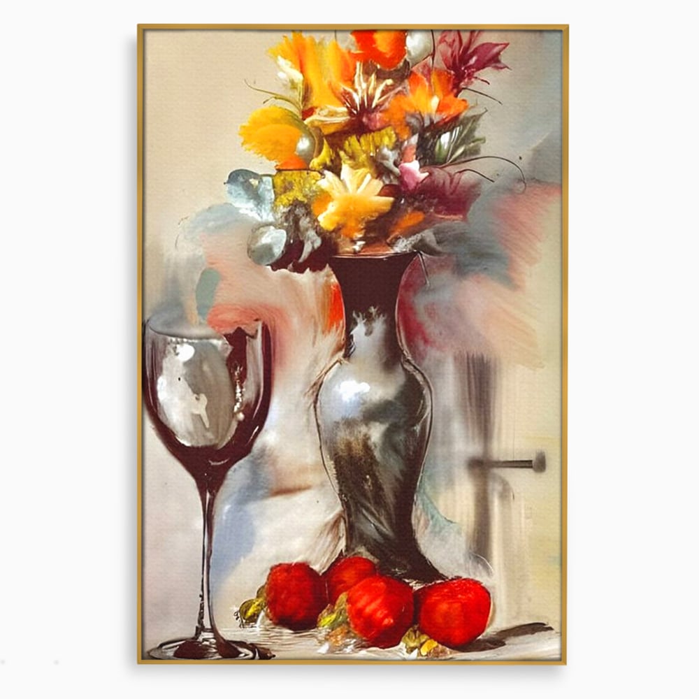 Tablou Canvas Premium, LuxCanva® N1103, In Cinstea Artei, Pahar, Vaza, Flori, Pictura, Abstract, Fructe, Bautura, Umbre, Petale, Pub, Lounge, Bar, Restaurant, Bucatarie