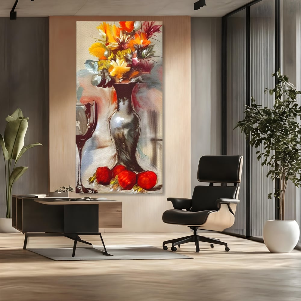 Tablou Canvas Premium, LuxCanva® N1103, In Cinstea Artei, Pahar, Vaza, Flori, Pictura, Abstract, Fructe, Bautura, Umbre, Petale, Pub, Lounge, Bar, Restaurant, Bucatarie