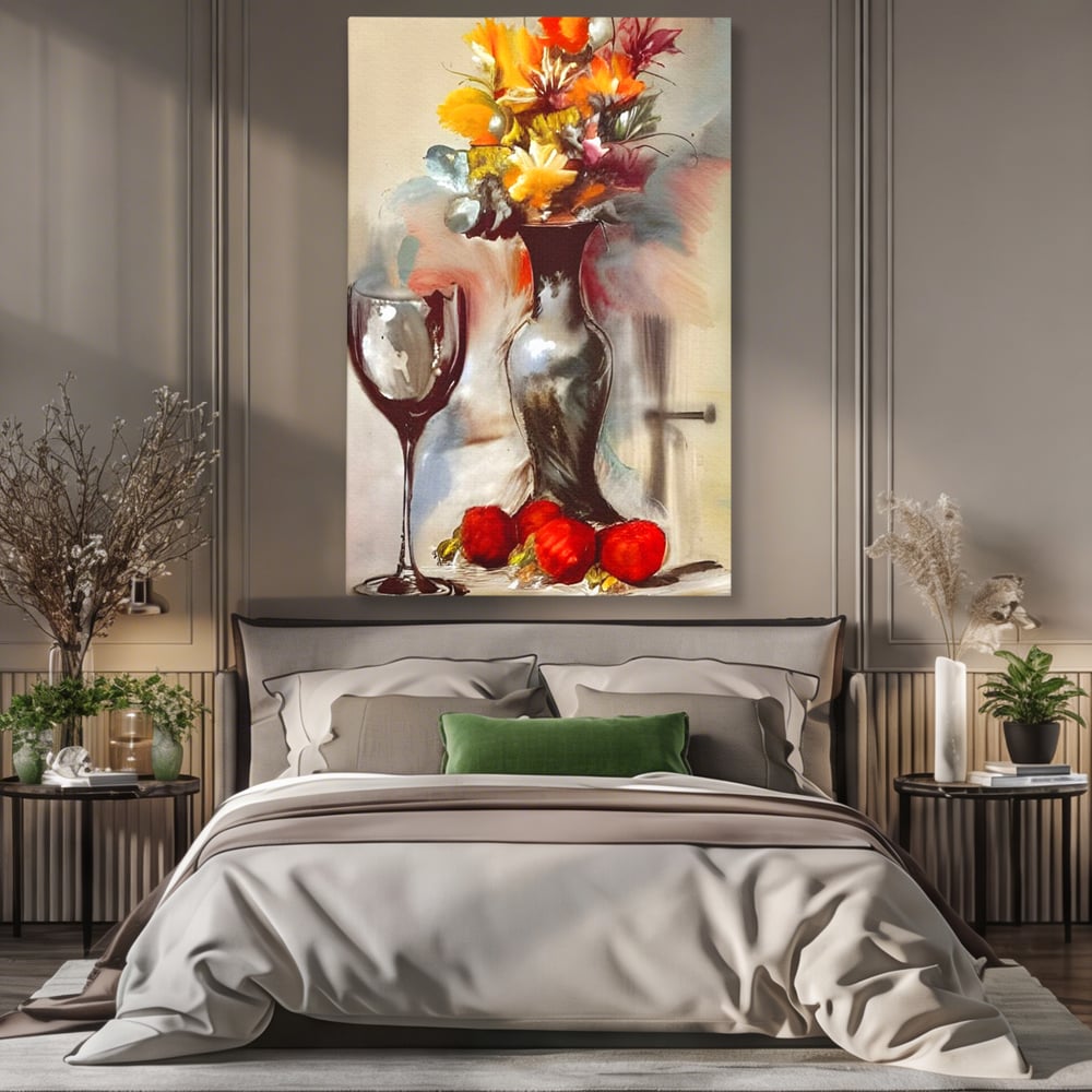 Tablou Canvas Premium, LuxCanva® N1103, In Cinstea Artei, Pahar, Vaza, Flori, Pictura, Abstract, Fructe, Bautura, Umbre, Petale, Pub, Lounge, Bar, Restaurant, Bucatarie