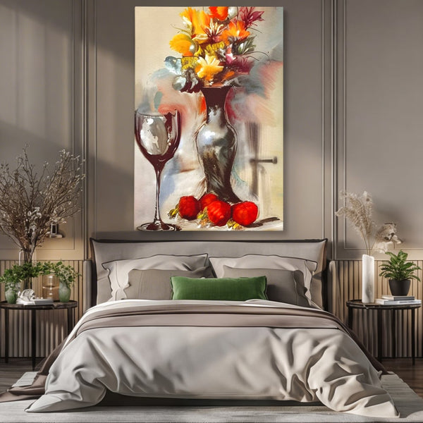 Tablou Canvas Premium, LuxCanva® N1103, In Cinstea Artei, Pahar, Vaza, Flori, Pictura, Abstract, Fructe, Bautura, Umbre, Petale, Pub, Lounge, Bar, Restaurant, Bucatarie