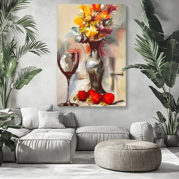 Tablou Canvas Premium, LuxCanva® N1103, In Cinstea Artei, Pahar, Vaza, Flori, Pictura, Abstract, Fructe, Bautura, Umbre, Petale, Pub, Lounge, Bar, Restaurant, Bucatarie