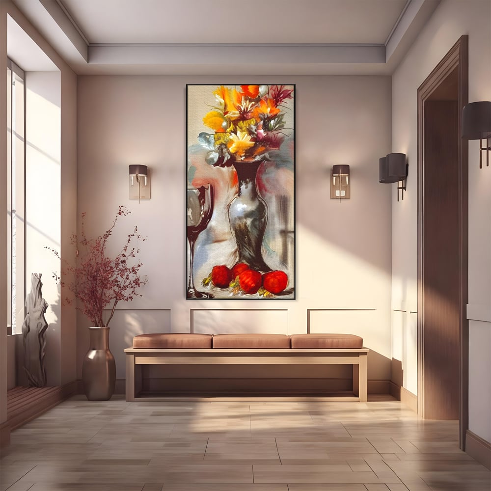 Tablou Canvas Premium, LuxCanva® N1103, In Cinstea Artei, Pahar, Vaza, Flori, Pictura, Abstract, Fructe, Bautura, Umbre, Petale, Pub, Lounge, Bar, Restaurant, Bucatarie