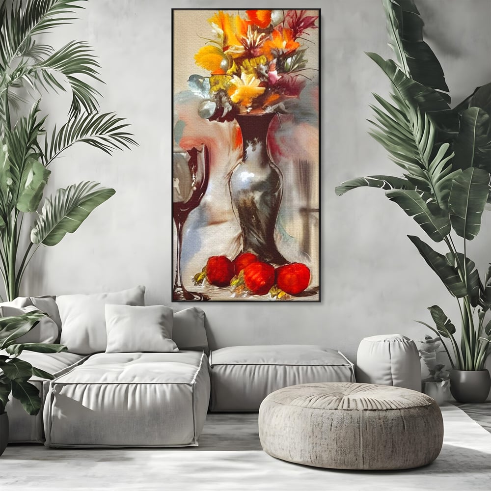Tablou Canvas Premium, LuxCanva® N1103, In Cinstea Artei, Pahar, Vaza, Flori, Pictura, Abstract, Fructe, Bautura, Umbre, Petale, Pub, Lounge, Bar, Restaurant, Bucatarie
