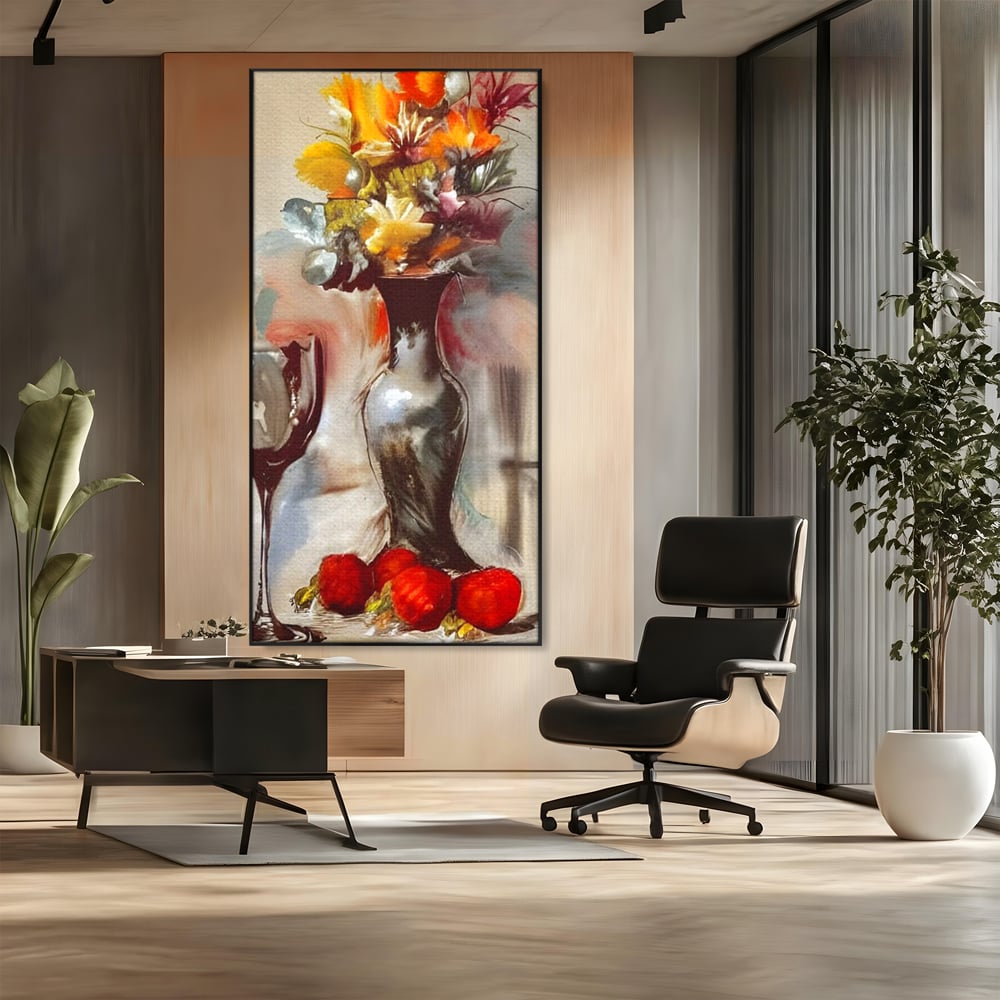 Tablou Canvas Premium, LuxCanva® N1103, In Cinstea Artei, Pahar, Vaza, Flori, Pictura, Abstract, Fructe, Bautura, Umbre, Petale, Pub, Lounge, Bar, Restaurant, Bucatarie