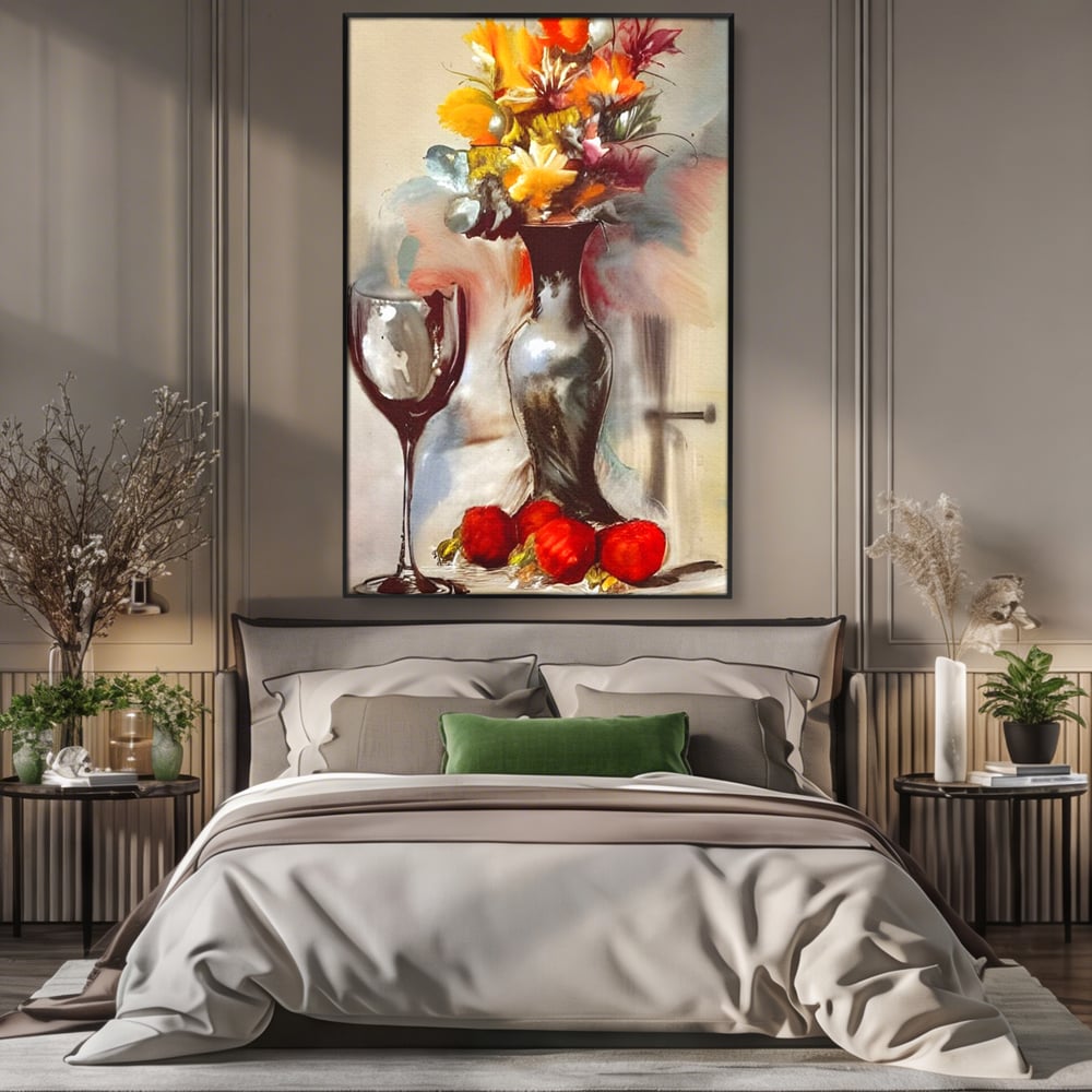 Tablou Canvas Premium, LuxCanva® N1103, In Cinstea Artei, Pahar, Vaza, Flori, Pictura, Abstract, Fructe, Bautura, Umbre, Petale, Pub, Lounge, Bar, Restaurant, Bucatarie