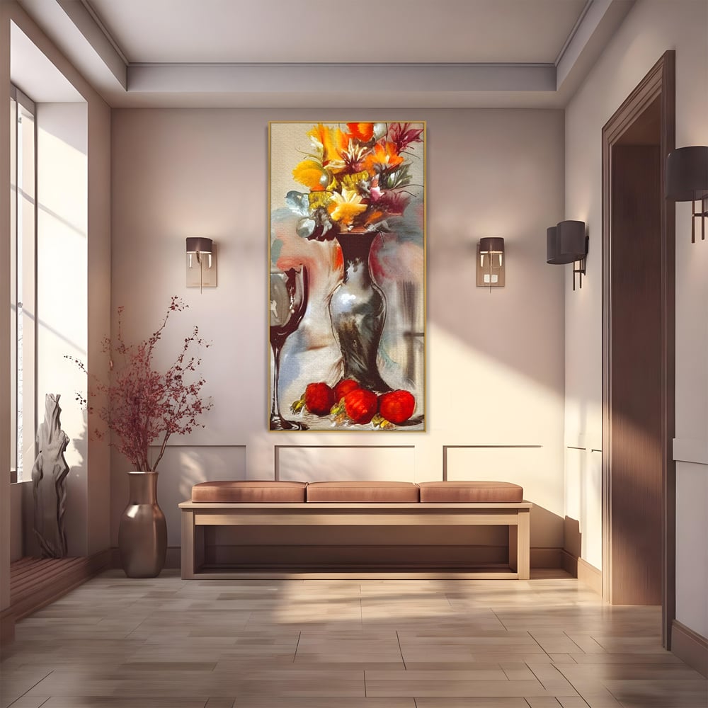Tablou Canvas Premium, LuxCanva® N1103, In Cinstea Artei, Pahar, Vaza, Flori, Pictura, Abstract, Fructe, Bautura, Umbre, Petale, Pub, Lounge, Bar, Restaurant, Bucatarie