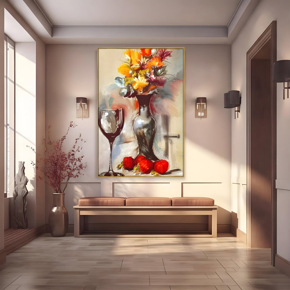 Tablou Canvas Premium, LuxCanva® N1103, In Cinstea Artei, Pahar, Vaza, Flori, Pictura, Abstract, Fructe, Bautura, Umbre, Petale, Pub, Lounge, Bar, Restaurant, Bucatarie
