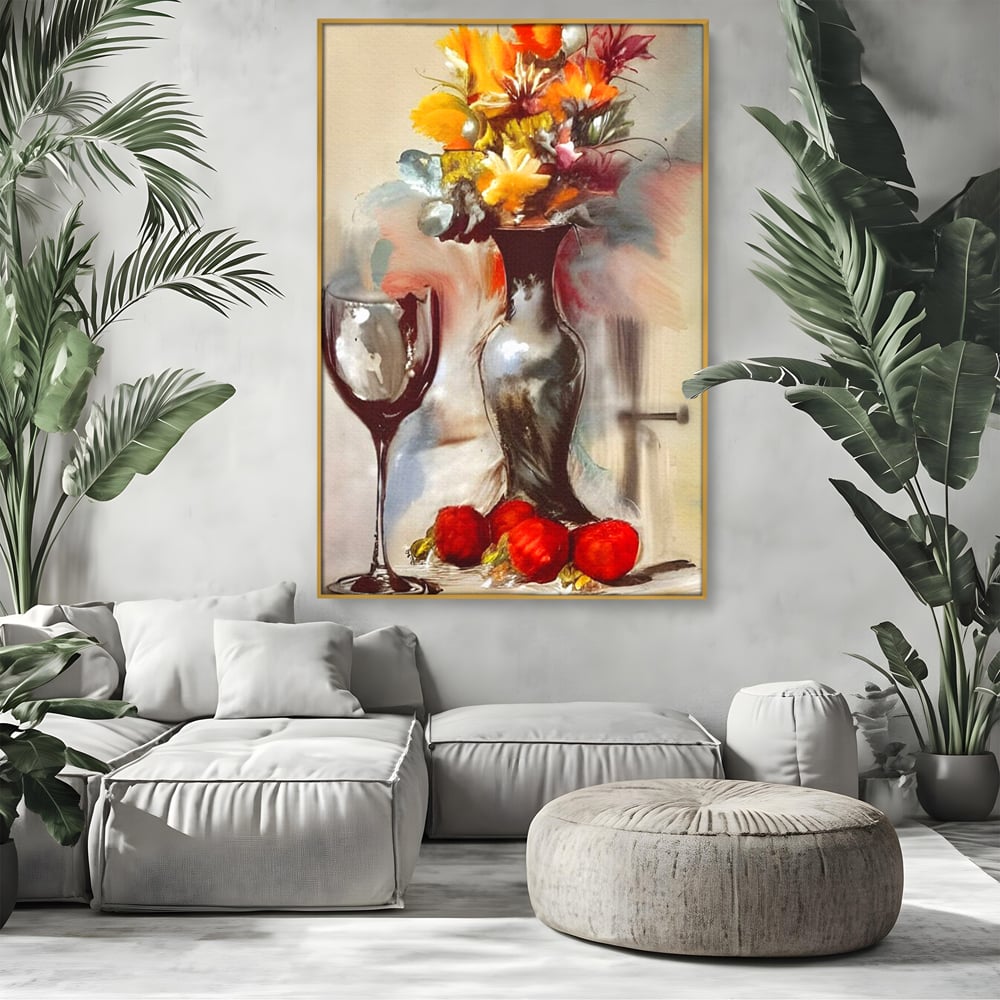 Tablou Canvas Premium, LuxCanva® N1103, In Cinstea Artei, Pahar, Vaza, Flori, Pictura, Abstract, Fructe, Bautura, Umbre, Petale, Pub, Lounge, Bar, Restaurant, Bucatarie