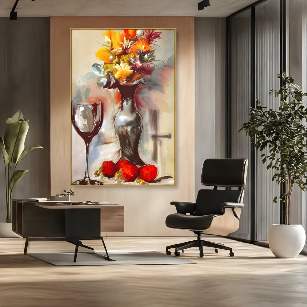Tablou Canvas Premium, LuxCanva® N1103, In Cinstea Artei, Pahar, Vaza, Flori, Pictura, Abstract, Fructe, Bautura, Umbre, Petale, Pub, Lounge, Bar, Restaurant, Bucatarie