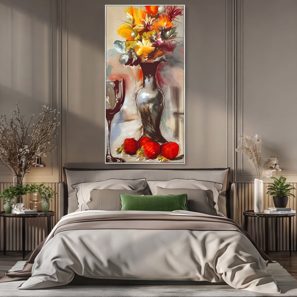 Tablou Canvas Premium, LuxCanva® N1103, In Cinstea Artei, Pahar, Vaza, Flori, Pictura, Abstract, Fructe, Bautura, Umbre, Petale, Pub, Lounge, Bar, Restaurant, Bucatarie